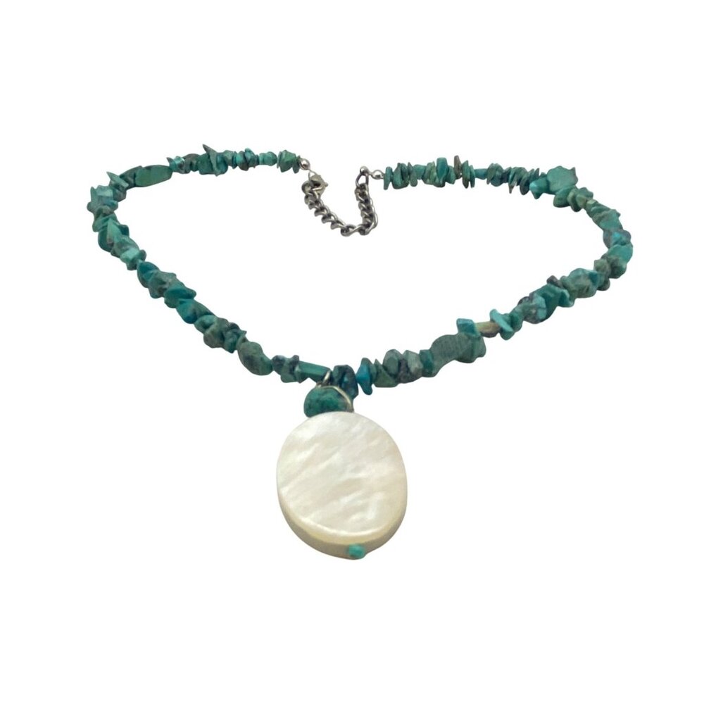 Turquoise Chip Necklace Mother Of Pearl Shell Pendant Boho Southwestern - Picture 3 of 12